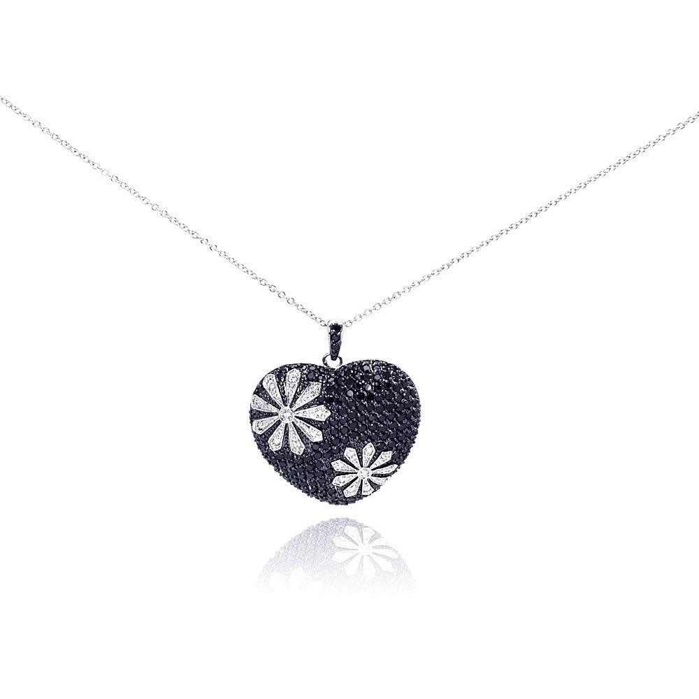 Closeout-Silver 925 Black and Rhodium Plated Flower Design Black Heart CZ Necklace - BGP00175