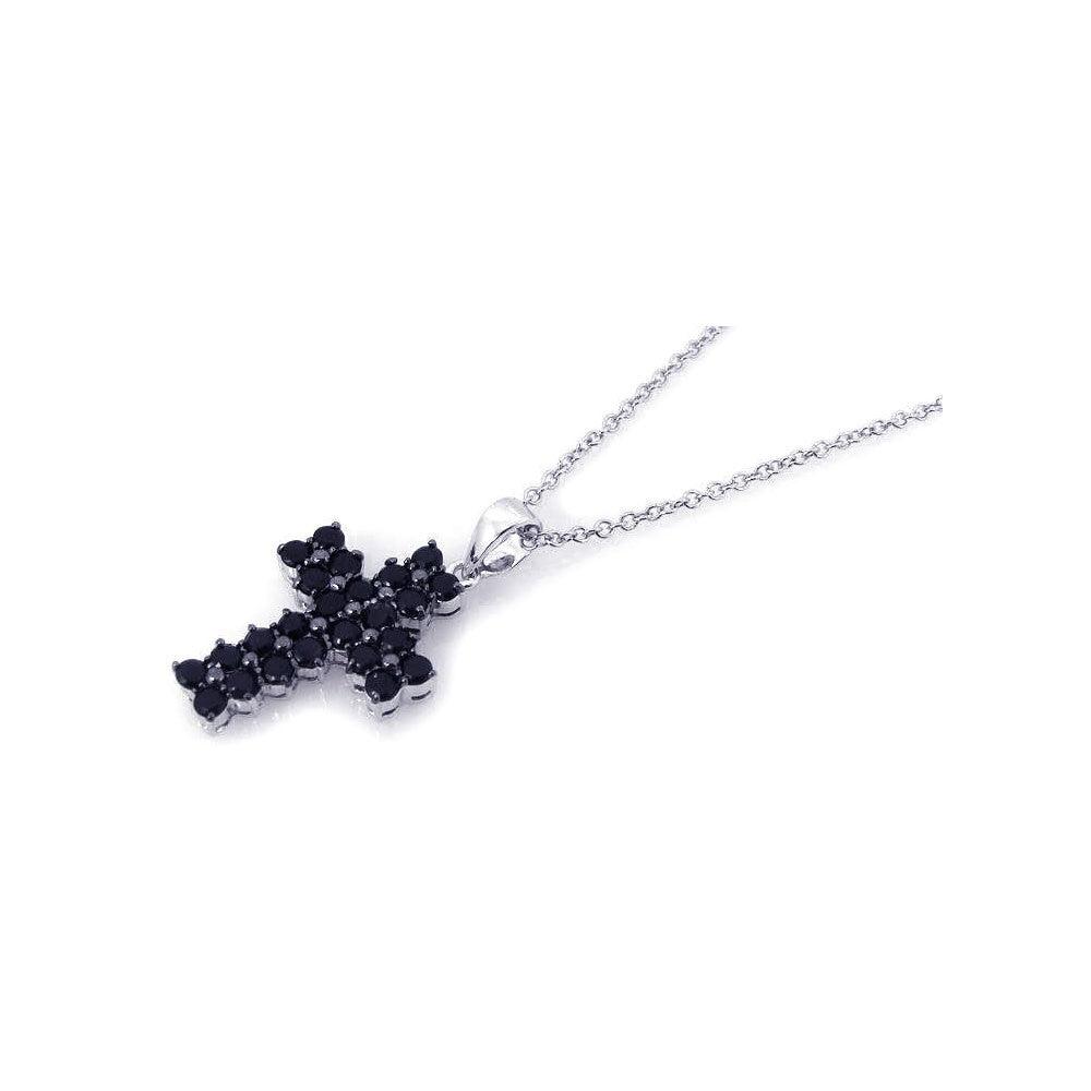 Silver 925 Rhodium Plated Black Cross CZ Necklace - BGP00176