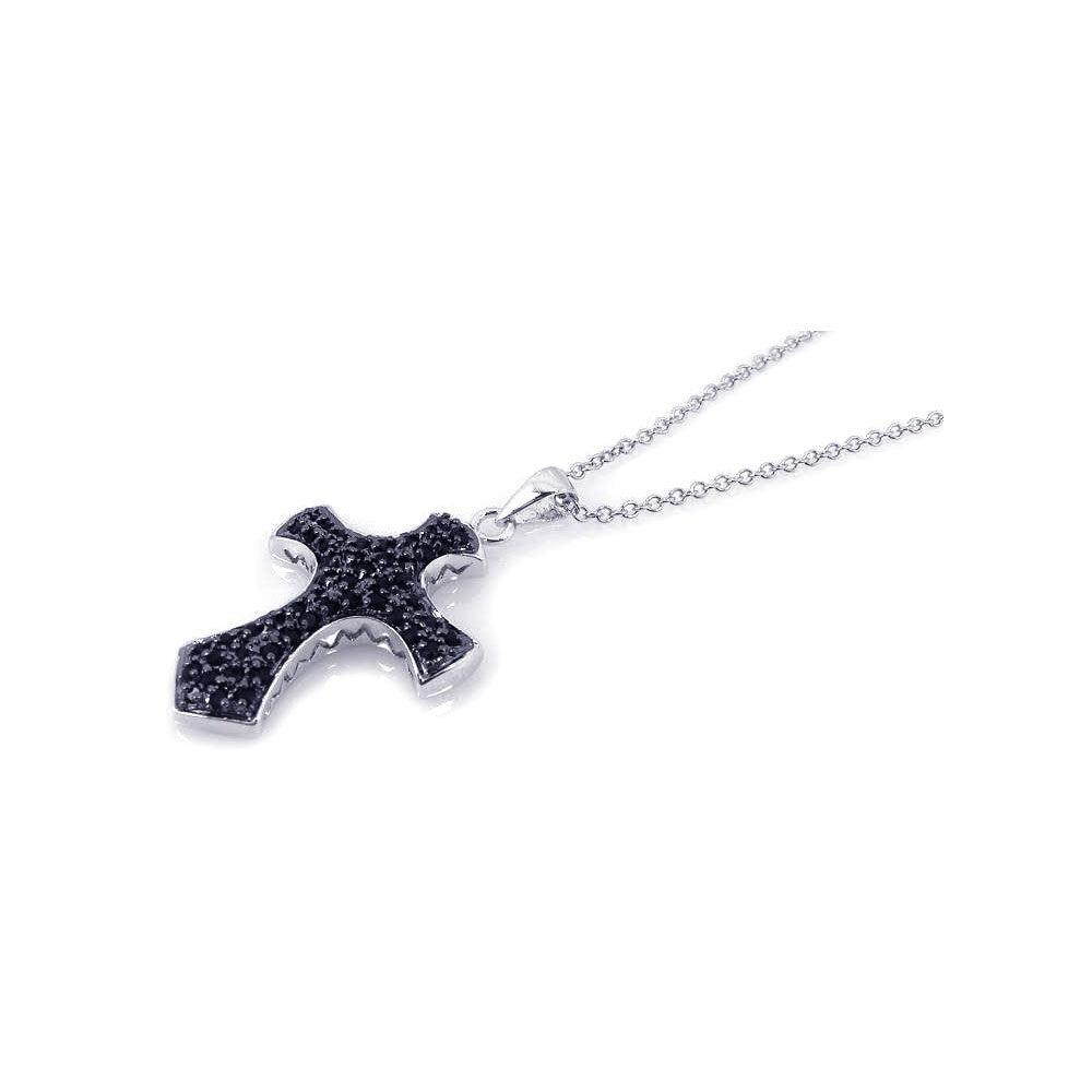 Closeout-Silver 925 Rhodium Plated Black Cross CZ Necklace - BGP00177