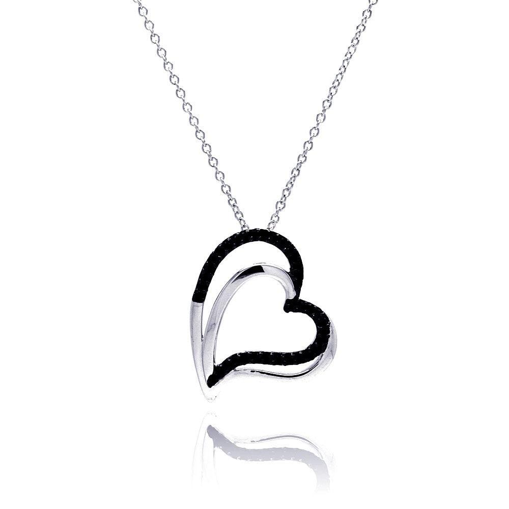 Silver 925 Black Rhodium and Rhodium Plated Double Black Heart CZ Necklace - BGP00181