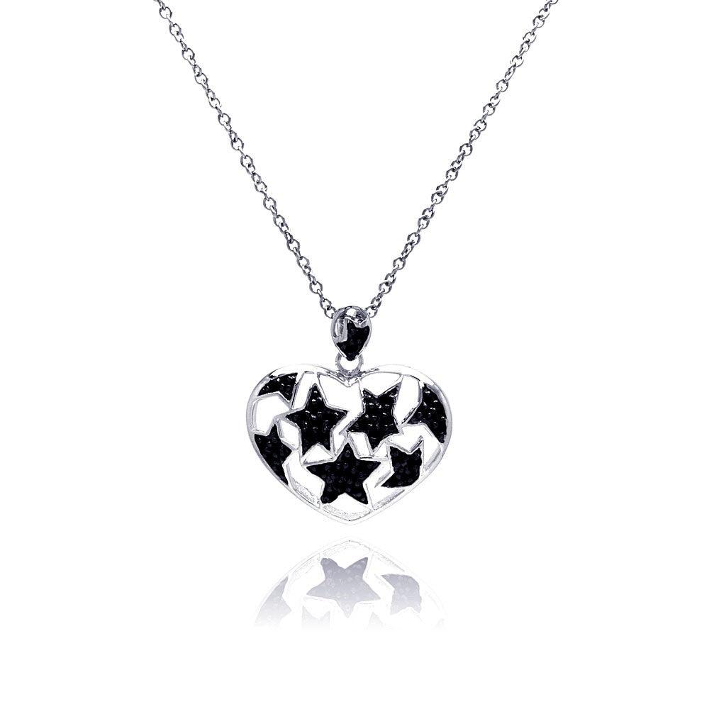 Silver 925 Black Rhodium and Rhodium Plated Star Heart CZ Necklace - BGP00183