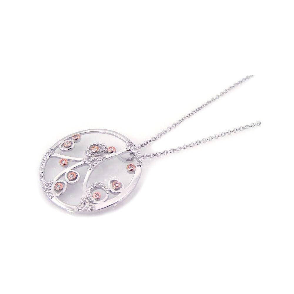 Final Price - Silver 925 Rhodium Plated Open Circle Filigree Flower Design CZ Necklace - BGP00187