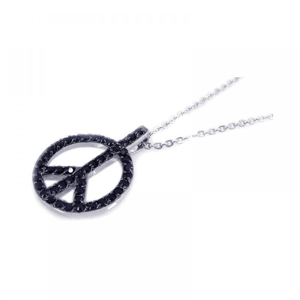 Silver 925 Rhodium Open Black Peace Sign CZ Necklace - BGP00192