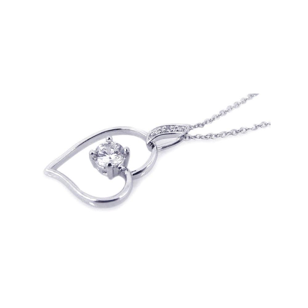 Silver 925 Rhodium Open Heart Small Center Clear CZ Necklace - BGP00194