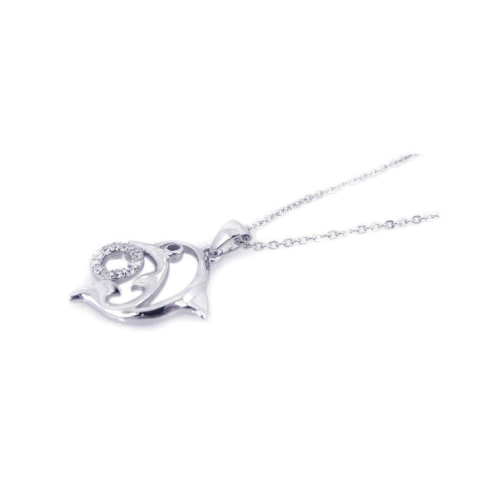 Silver 925 Rhodium Open Dolphin CZ Necklace - BGP00196