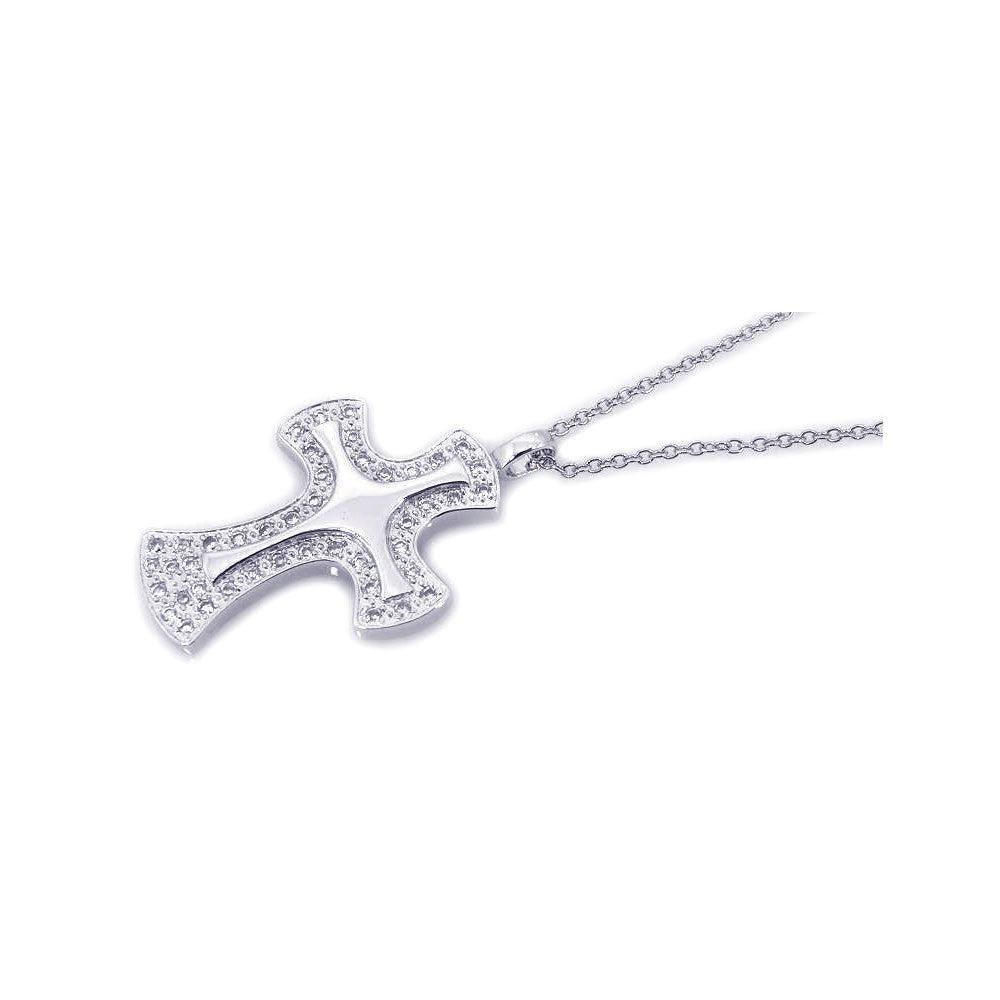 Closeout-Silver 925 Rhodium Cross CZ Necklace - BGP00205