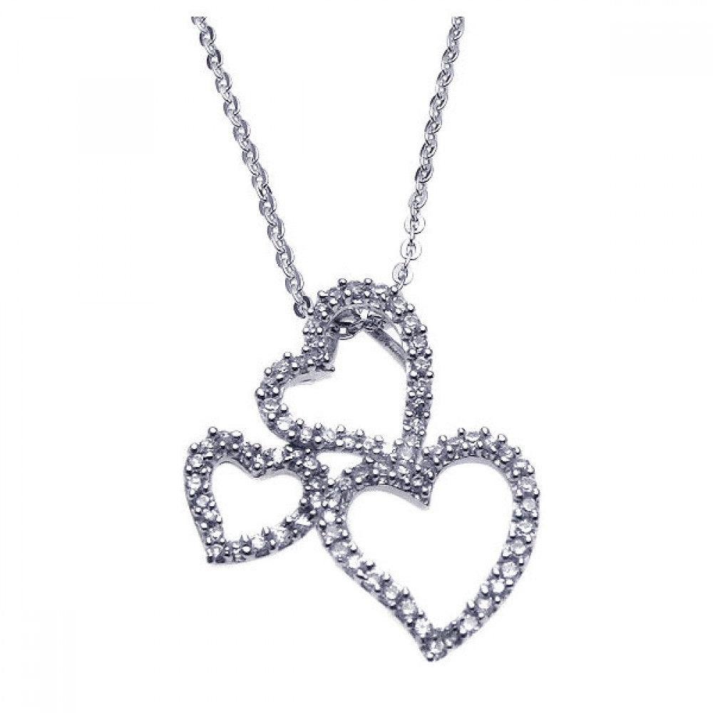 Closeout-Silver 925 Rhodium Multiple Graduated Open Heart CZ Necklace - BGP00210