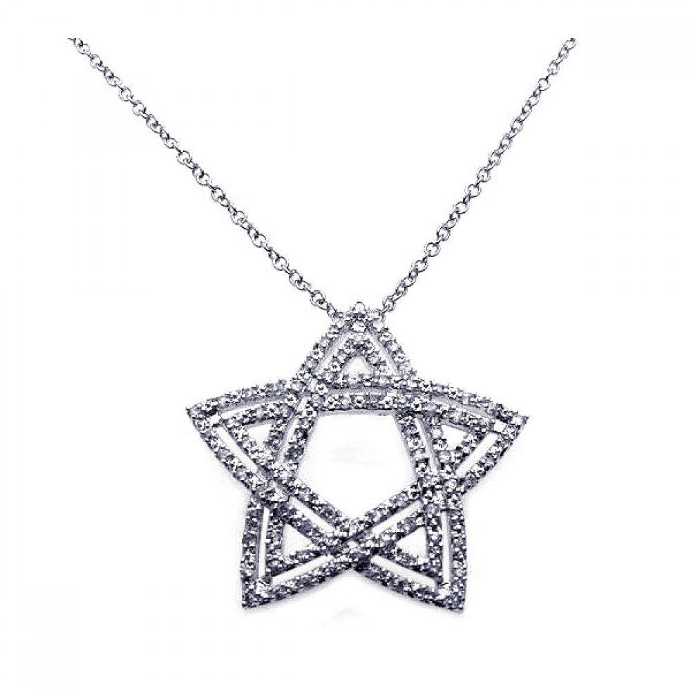 Closeout-Silver 925 Rhodium Double Open Star CZ Necklace - BGP00214