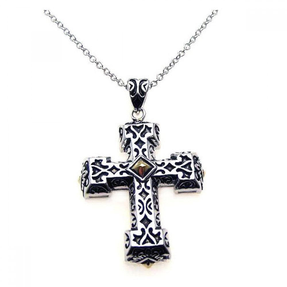 Silver 925 Rhodium Cross Small Center Square CZ Necklace - BGP00216