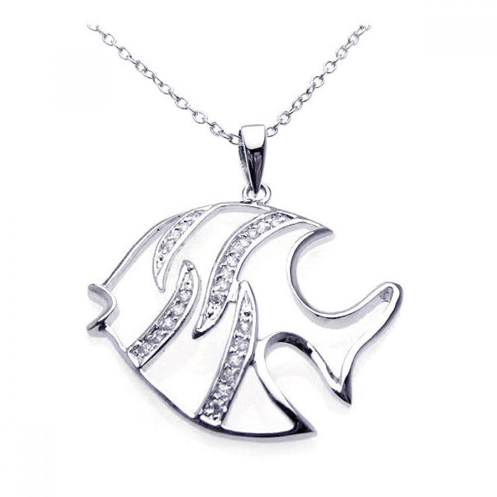 Closeout-Silver 925 Rhodium CZ White Enamel Fish Necklace - BGP00217