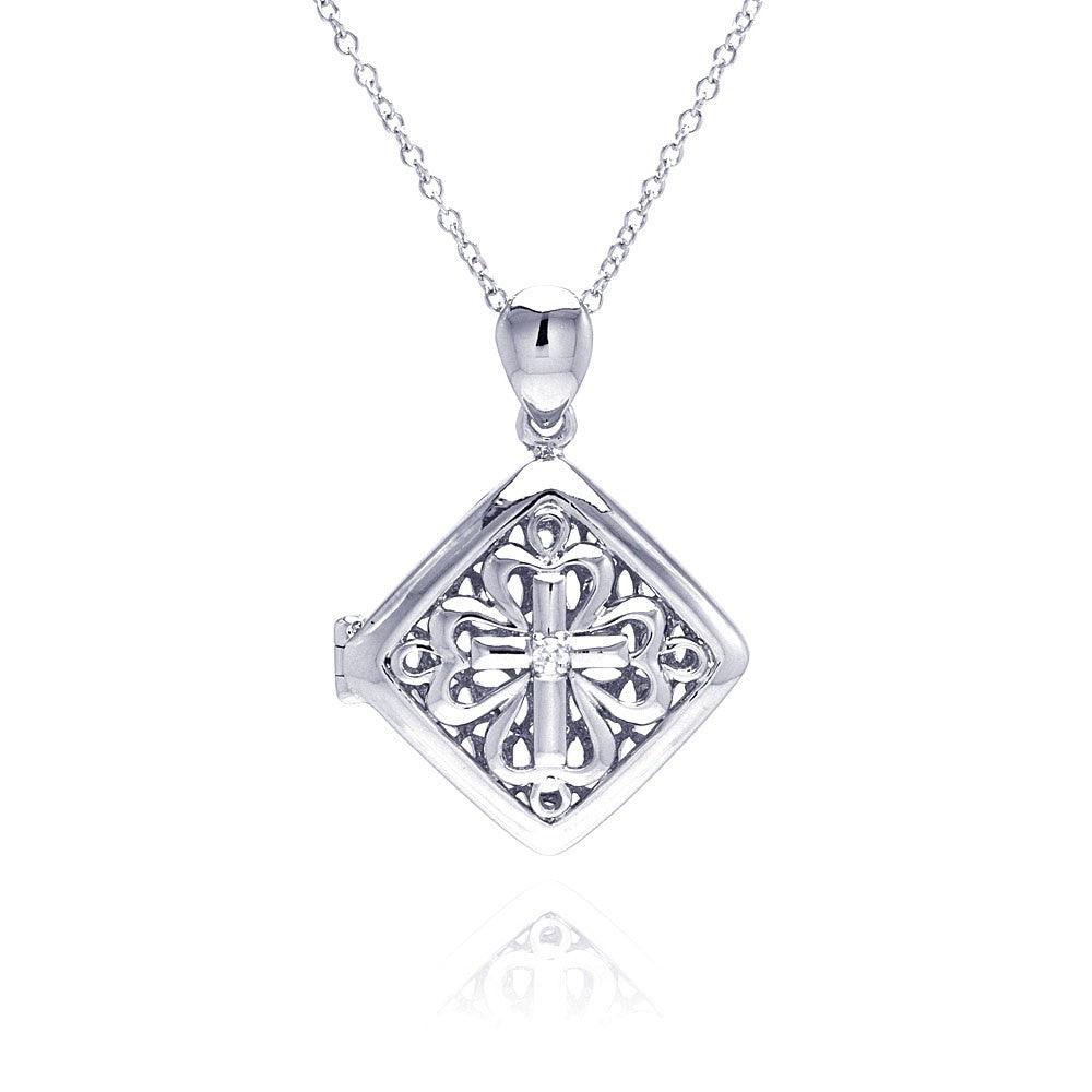 Closeout-Silver 925 Rhodium Square Filigree CZ Necklace - BGP00224