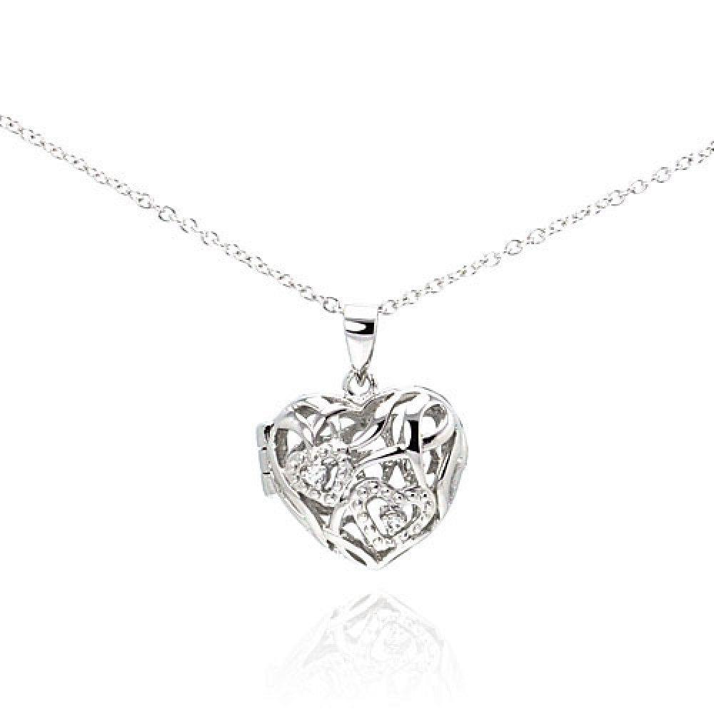 Silver 925 Rhodium Heart Locket CZ Necklace - BGP00225