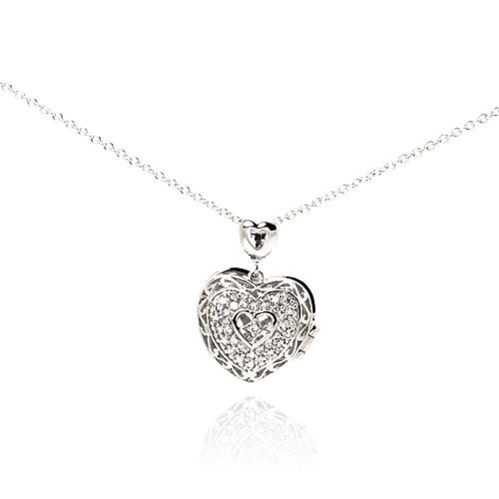 Silver 925 Rhodium Plated Heart CZ Necklace - BGP00229