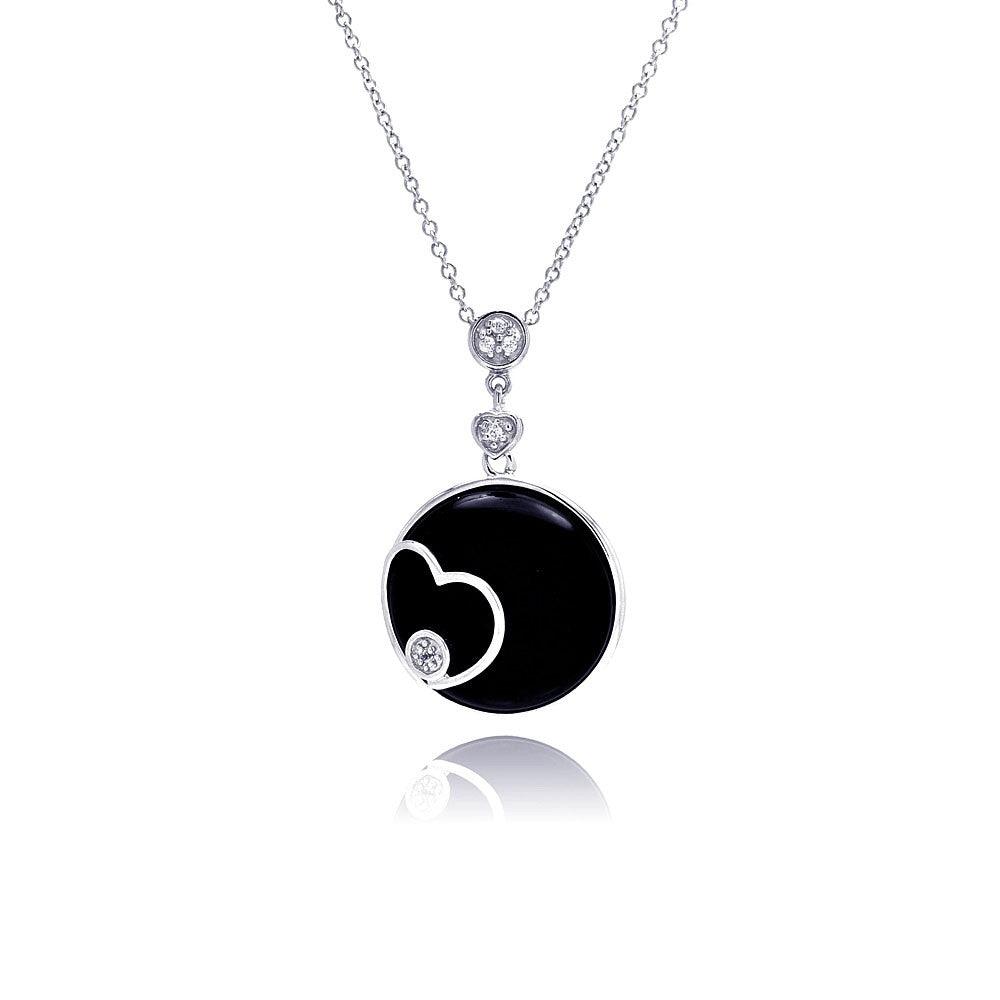 Closeout-Silver 925 Rhodium Black Round Onyx Heart Outline CZ Necklace - BGP00230