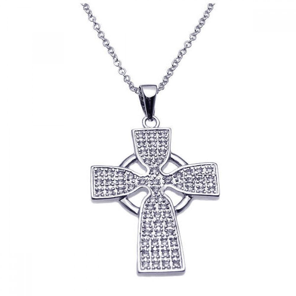 Silver 925 Rhodium Plated Celtic Cross CZ Necklace - BGP00232