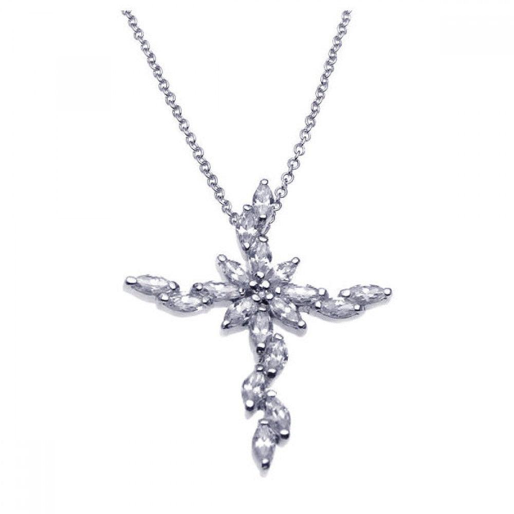 Closeout-Silver 925 Rhodium Marquis Cross CZ Necklace - BGP00235