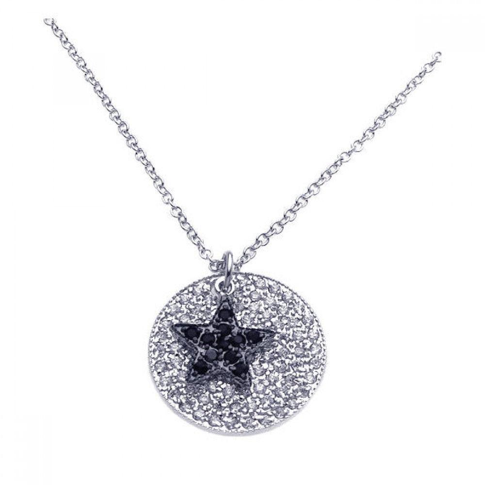 Silver 925 Rhodium Plated Circle Filigree Black Star CZ Necklace - BGP00244