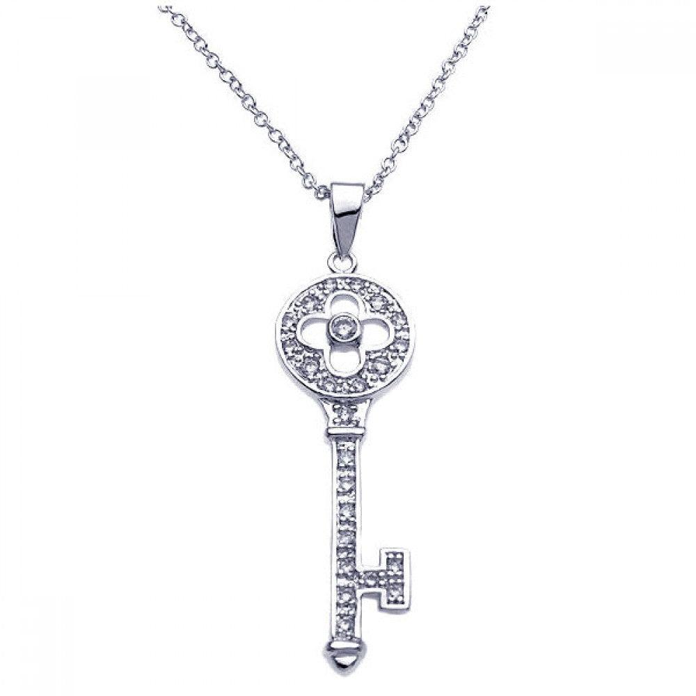 Silver 925 Rhodium Plated Key CZ Inlay Necklace - BGP00246