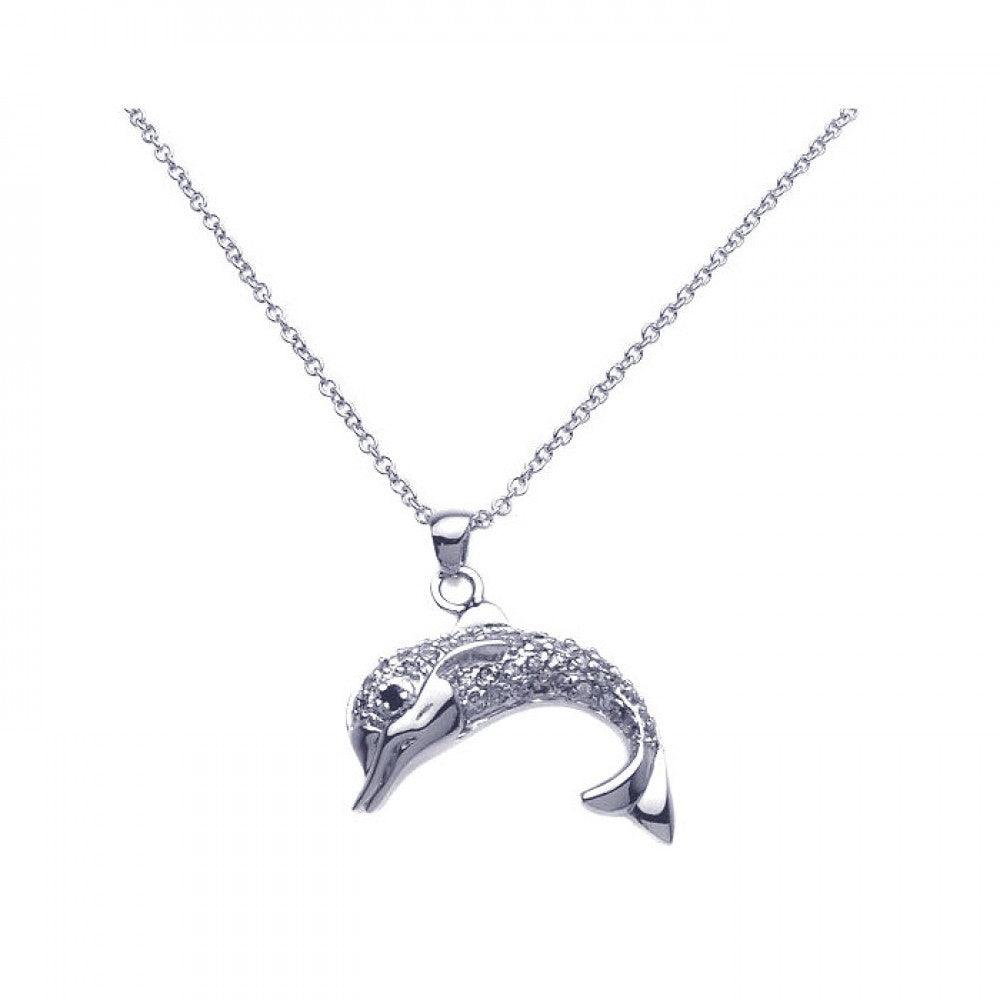 Silver 925 Rhodium Clear Dolphin CZ Dangling Necklace - BGP00249