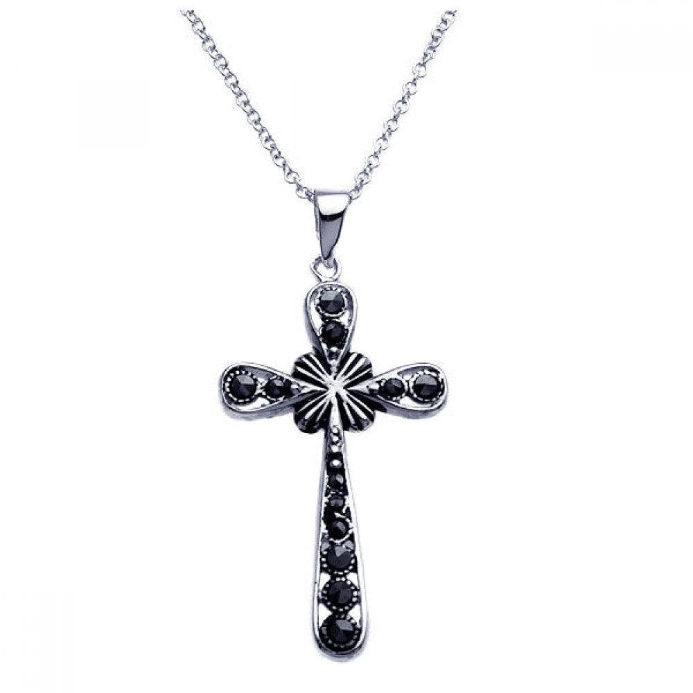 Closeout-Silver 925 Black Rhodium Plated Cross CZ Dangling Necklace - BGP00251