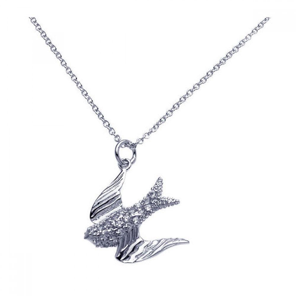 Silver 925 Rhodium Dove CZ Dangling Necklace - BGP00253