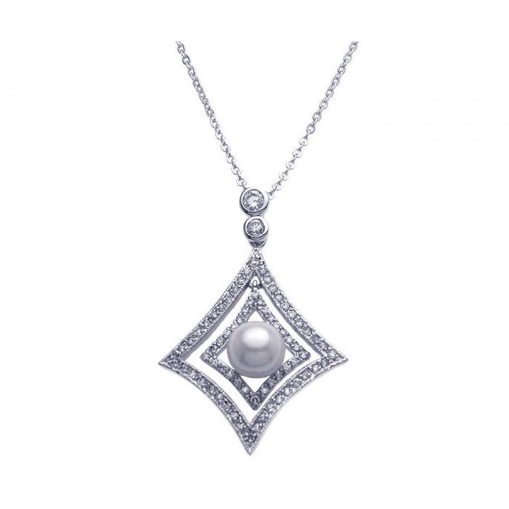 Closeout-Silver 925 Rhodium Plated Open Square CZ Center Pearl Necklace - BGP00254