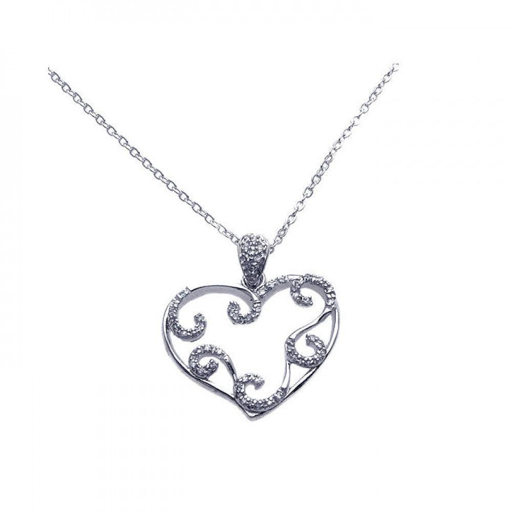 Silver 925 Rhodium Plated Open Heart Filigree CZ Necklace - BGP00255