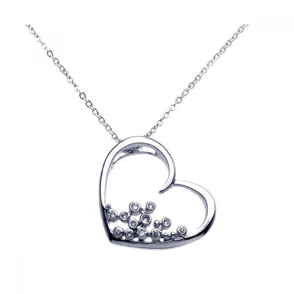 Silver 925 Rhodium Plated Open Heart Round Filigree CZ Necklace - BGP00256