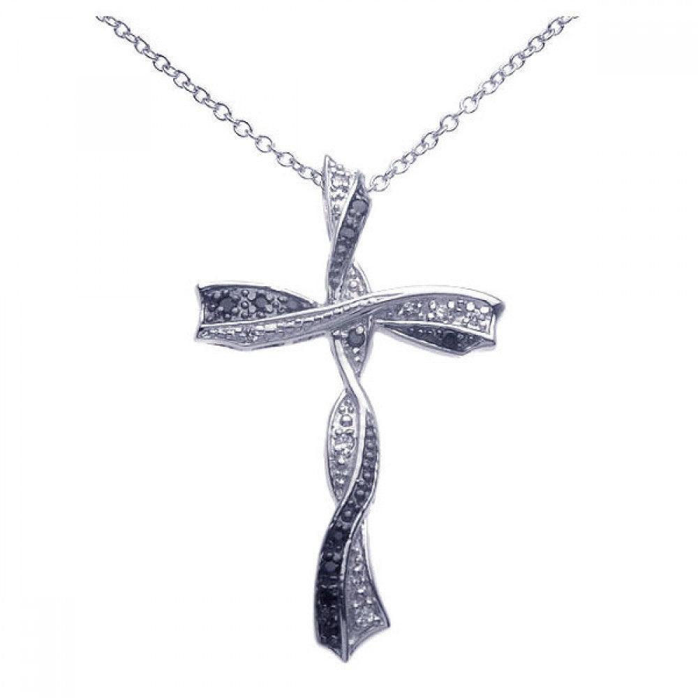 Closeout-Silver 925 Black and Clear Rhodium Plated Twisted Cross CZ Necklace - BGP00261