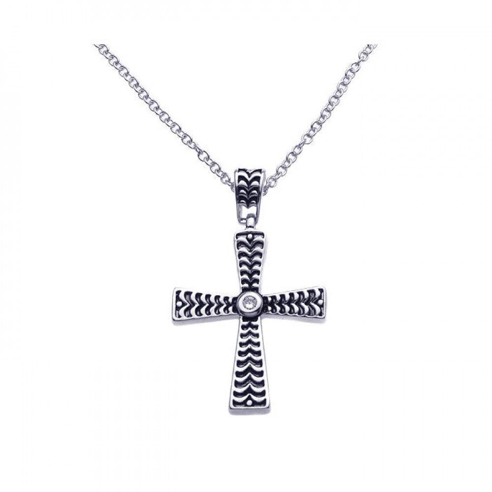 Closeout-Silver 925 Black and Rhodium Cross CZ Necklace - BGP00262