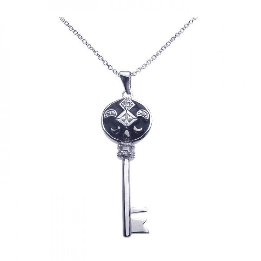 Silver 925 Black Rhodium Key CZ Dangling Necklace - BGP00263