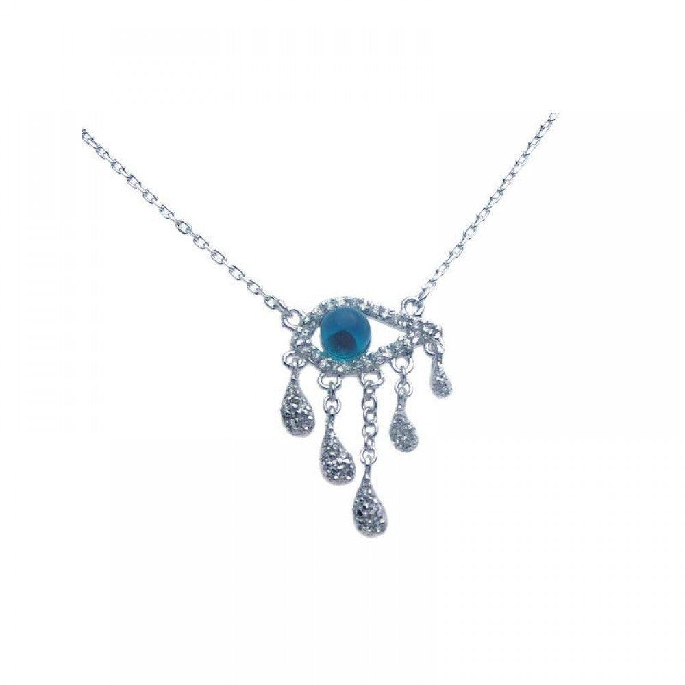 Silver 925 Rhodium Plated Blue Eye CZ Multiple Strand Teardrop Dangling Necklace - BGP00266