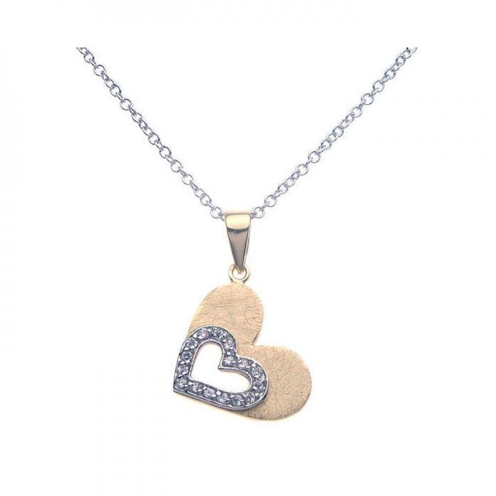 Silver 925 Gold Rhodium Plated Double Open Heart CZ Necklace - BGP00268