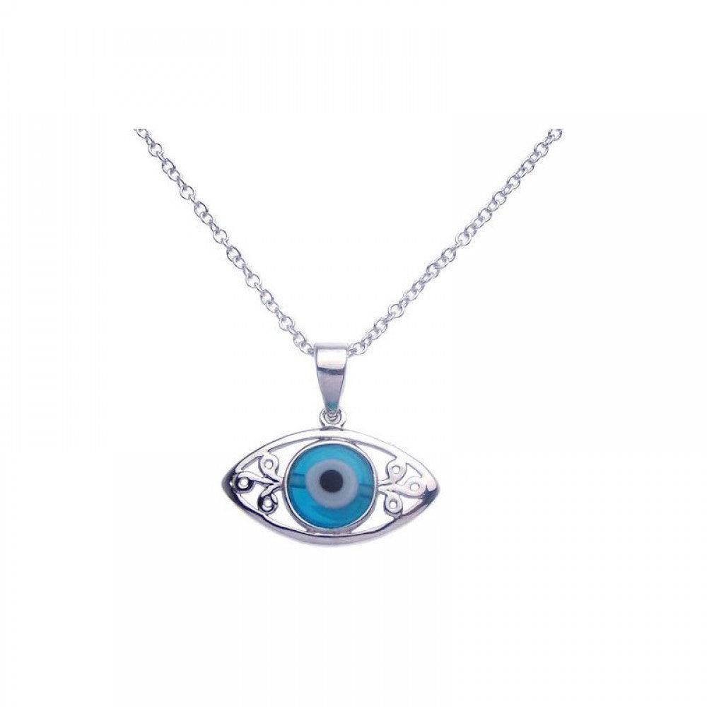 Silver 925 Rhodium Plated Open Evil Eye Filigree CZ Necklace - BGP00272