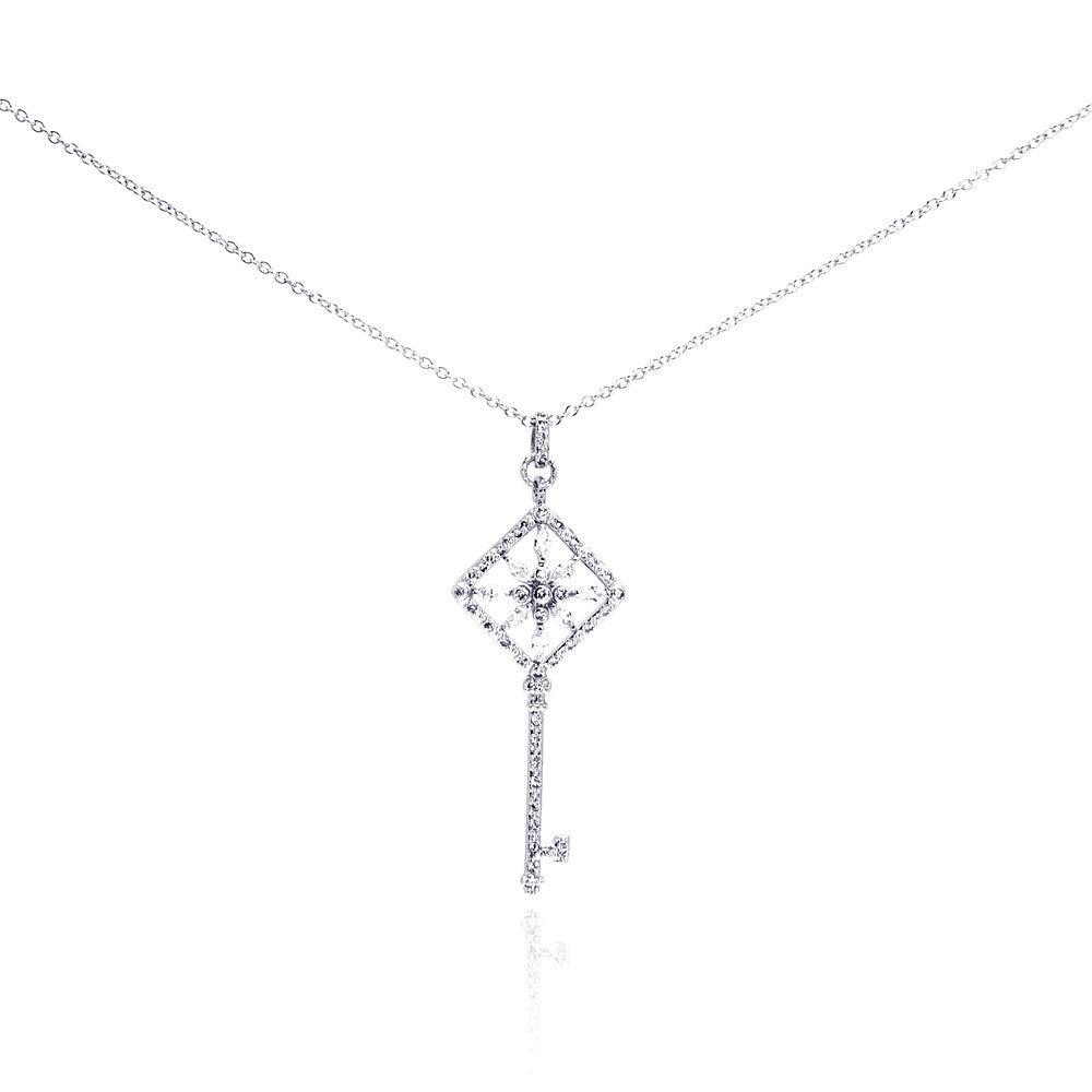 Silver 925 Rhodium Plated Square Open Key Filigree CZ Necklace - BGP00273