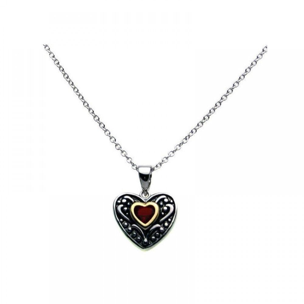 Silver 925 Oxidized Rhodium Red Heart CZ Inlay Necklace - BGP00274