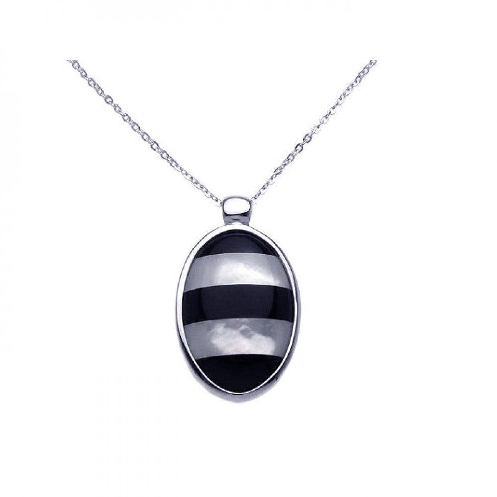 Closeout-Silver 925 Rhodium Plated Mother of Pearl Onyx Oval CZ Necklace - BGP00278