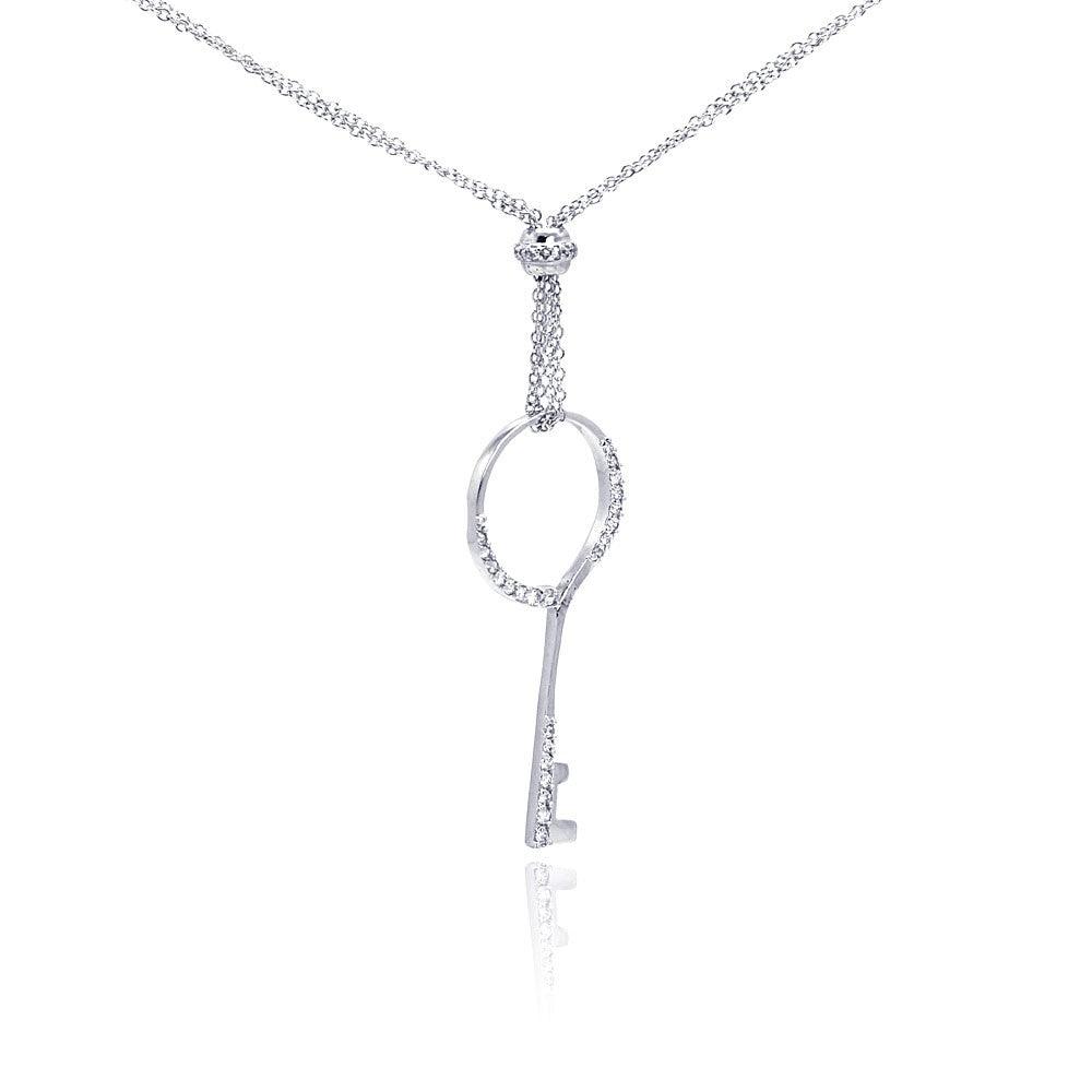 Silver 925 Rhodium Plated Open Circle Key CZ Necklace - BGP00279