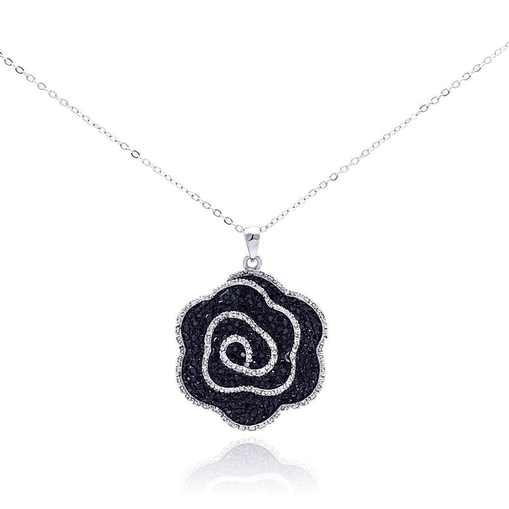 Closeout-Silver 925 Rhodium Plated Black and Clear CZ Covered Flower Necklace - BGP00286