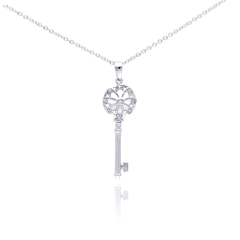 Silver 925 Rhodium Plated Key CZ Necklace - BGP00289