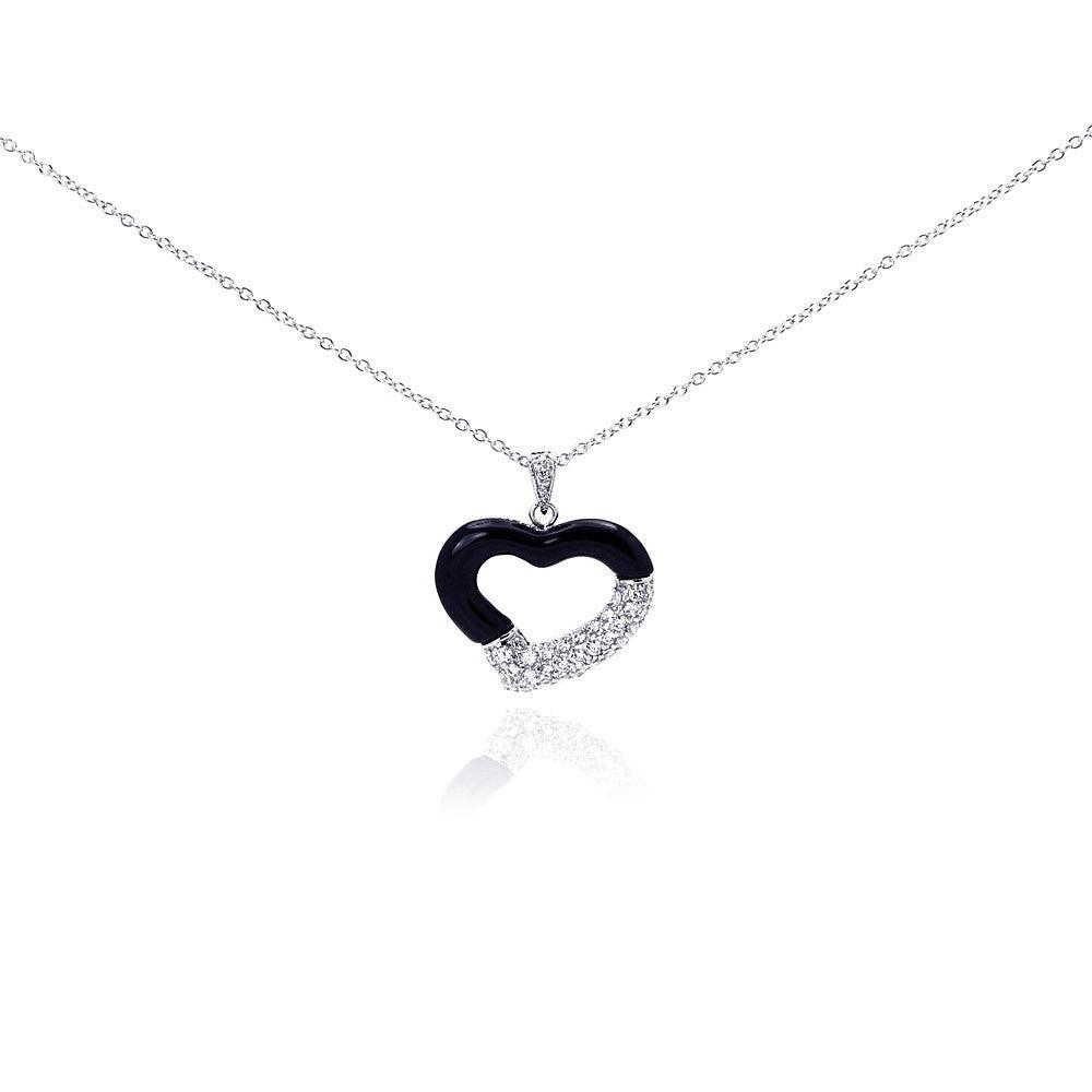 Closeout-Silver 925 Rhodium Plated Open Heart Black Onyx Clear CZ Necklace - BGP00292