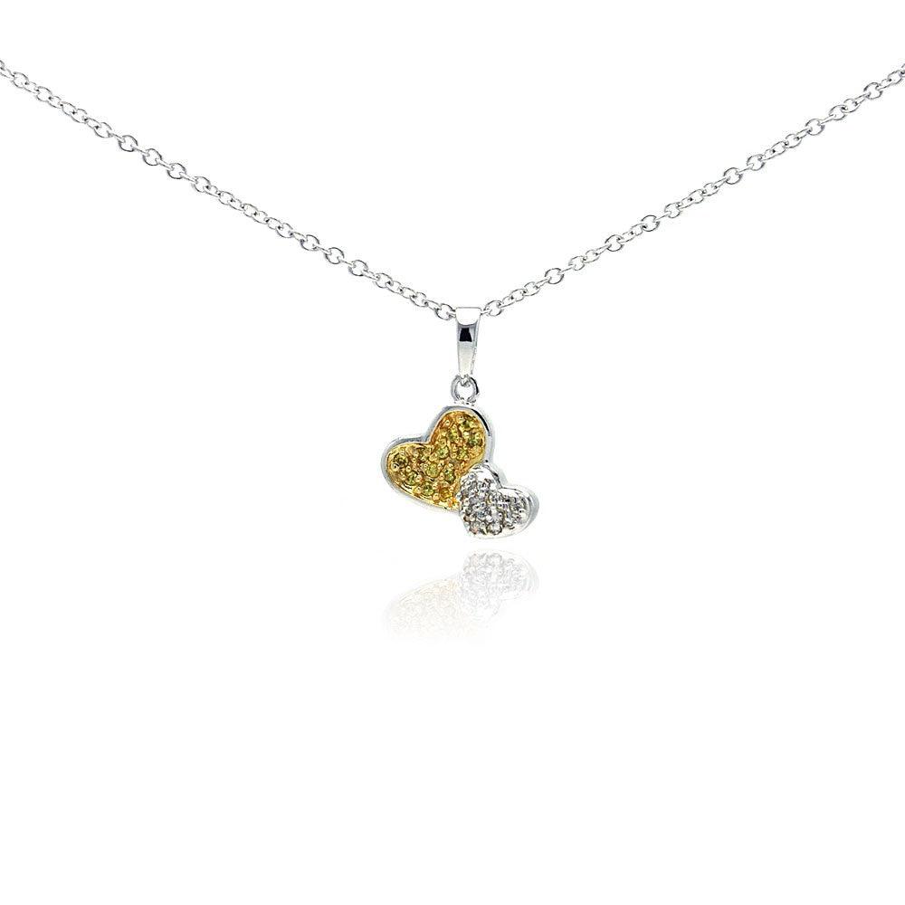 Silver 925 Gold and Rhodium Plated Two Toned Heart CZ Dangling Necklace - BGP00296