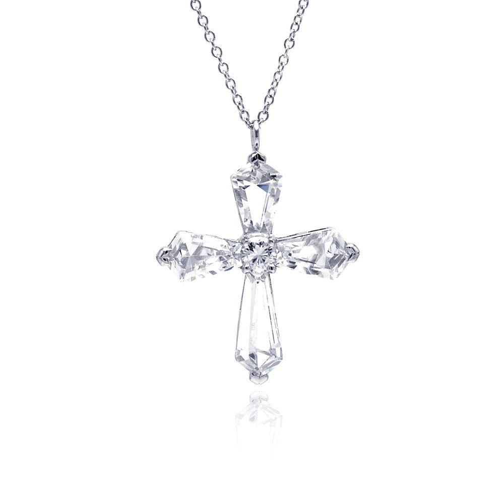 Closeout-Silver 925 Rhodium Plated Cross CZ Necklace - BGP00297