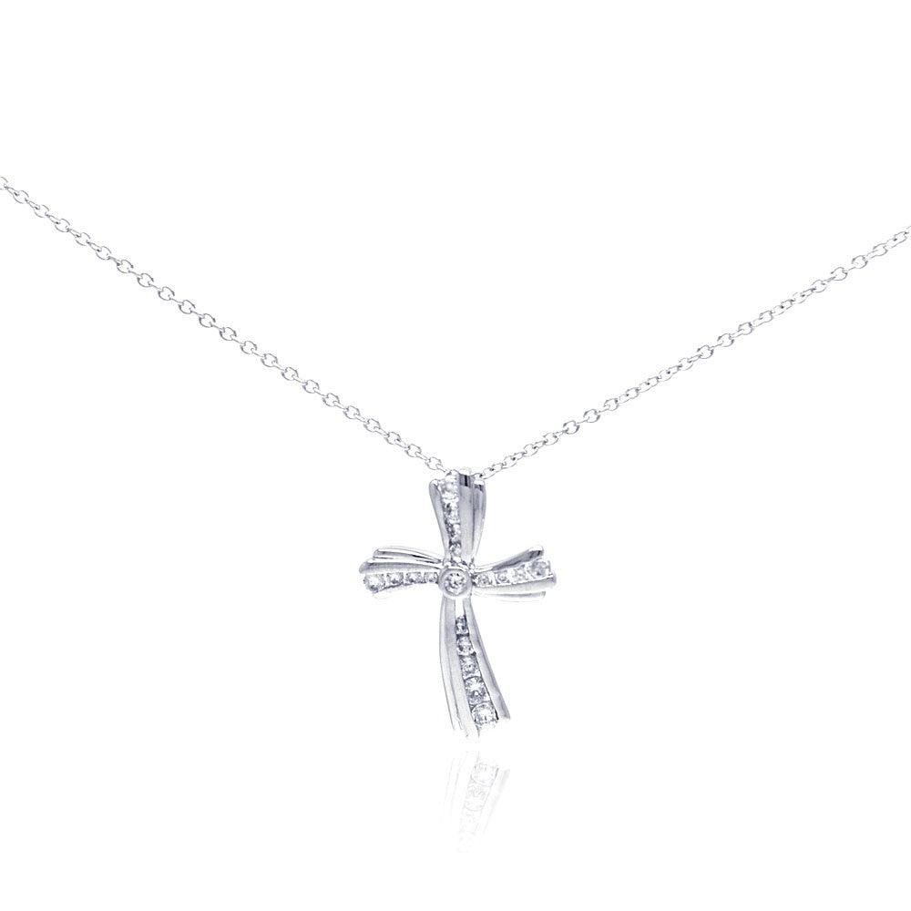 Silver 925 Rhodium Plated Curvy Cross CZ Necklace - BGP00298