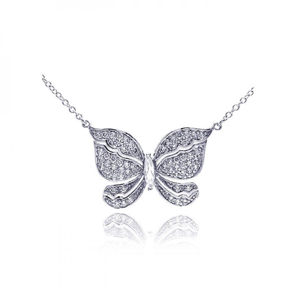 Silver 925 Rhodium Plated Butterfly CZ Necklace - BGP00299