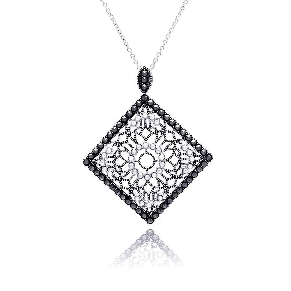 Closeout-Silver 925 Black Rhodium Plated Square Filigree Marcasite CZ Necklace - BGP00303