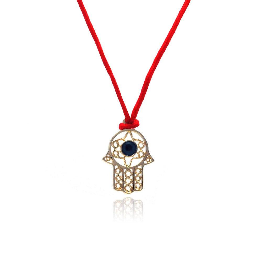 Silver 925 Gold Plated Open Hamsa CZ Red Cord Necklace - BGP00308