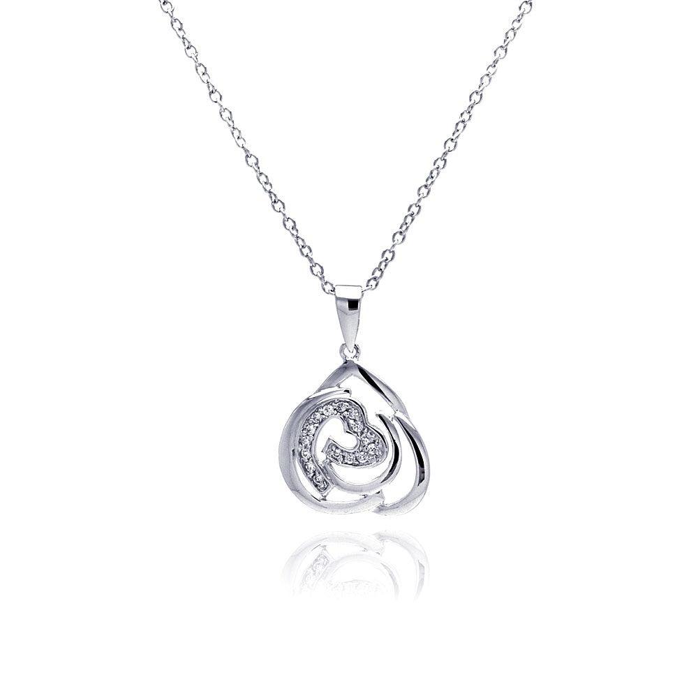 Silver 925 Rhodium Plated Abstract Design Heart CZ Necklace - BGP00309