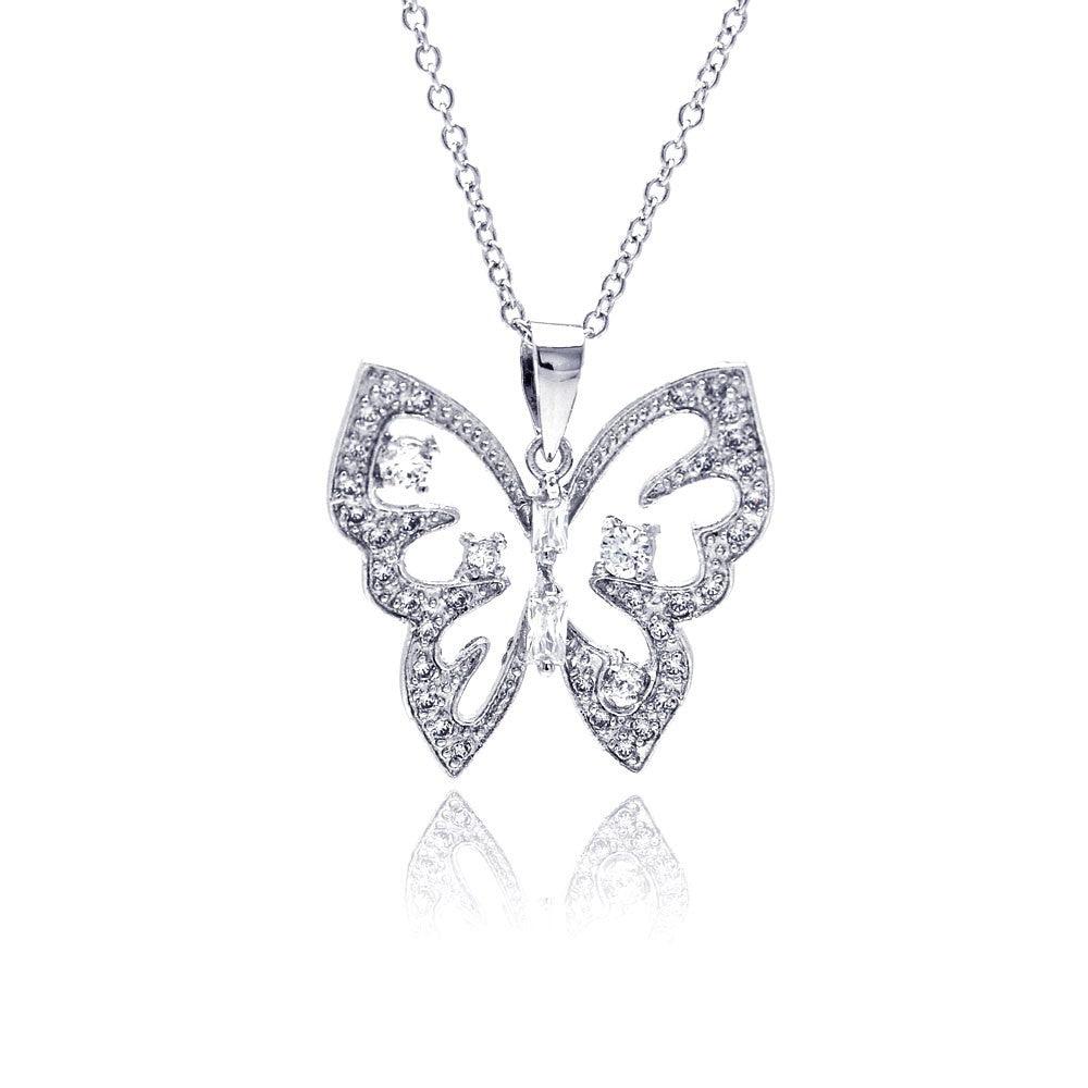 Silver 925 Rhodium Plated Open Butterfly CZ Necklace - BGP00310