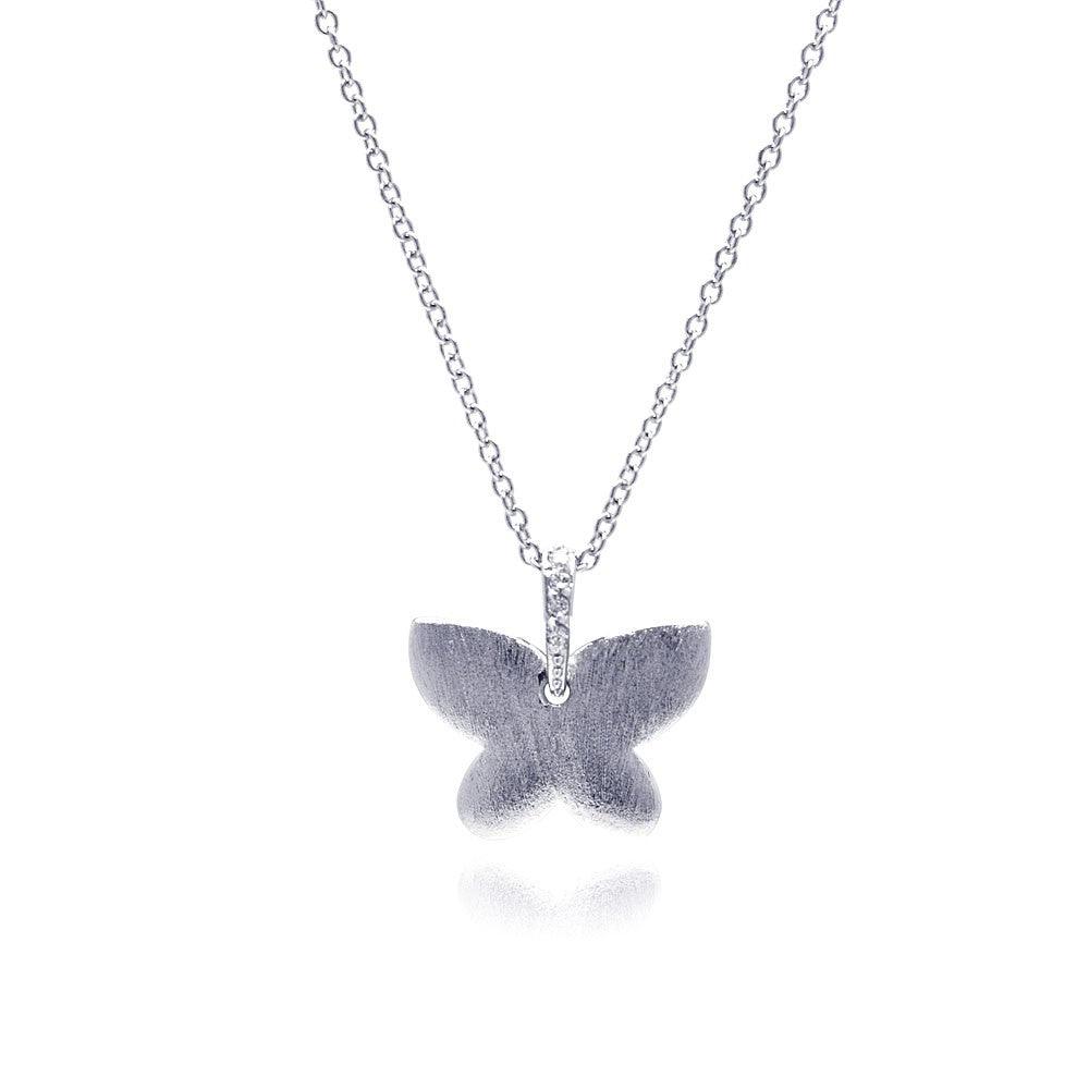 Silver 925 Rhodium Plated Matte Finish Butterfly CZ Necklace - BGP00312